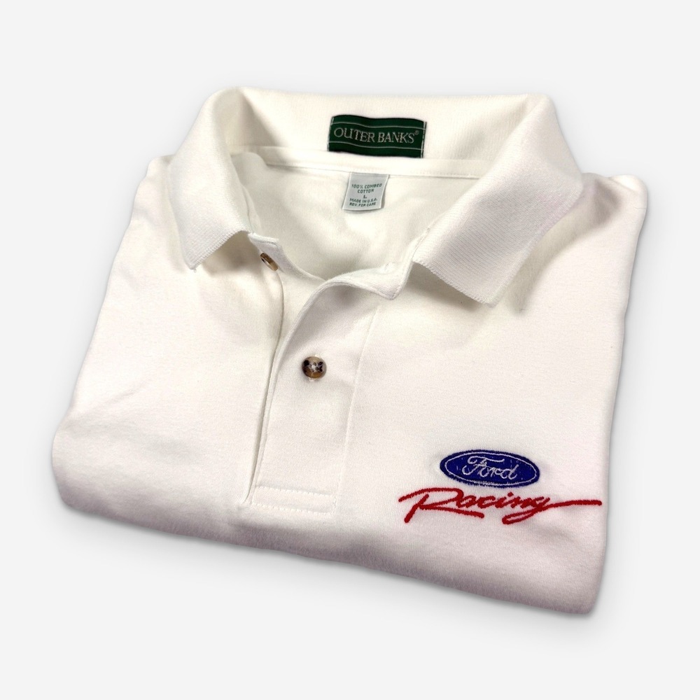 Vintage 90s Nascar Ford Racing Polo Shirt White Large Made in USA Outer Banks